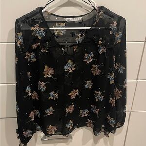 Zara Black Sheer Floral Blouse with Blue and Tan Accents